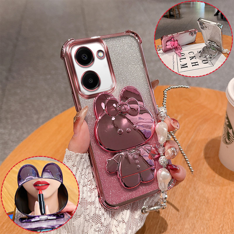 Vivo Y28 - Modevolle schattige 3D konijnen spiegelstandaard telefoonhoesje